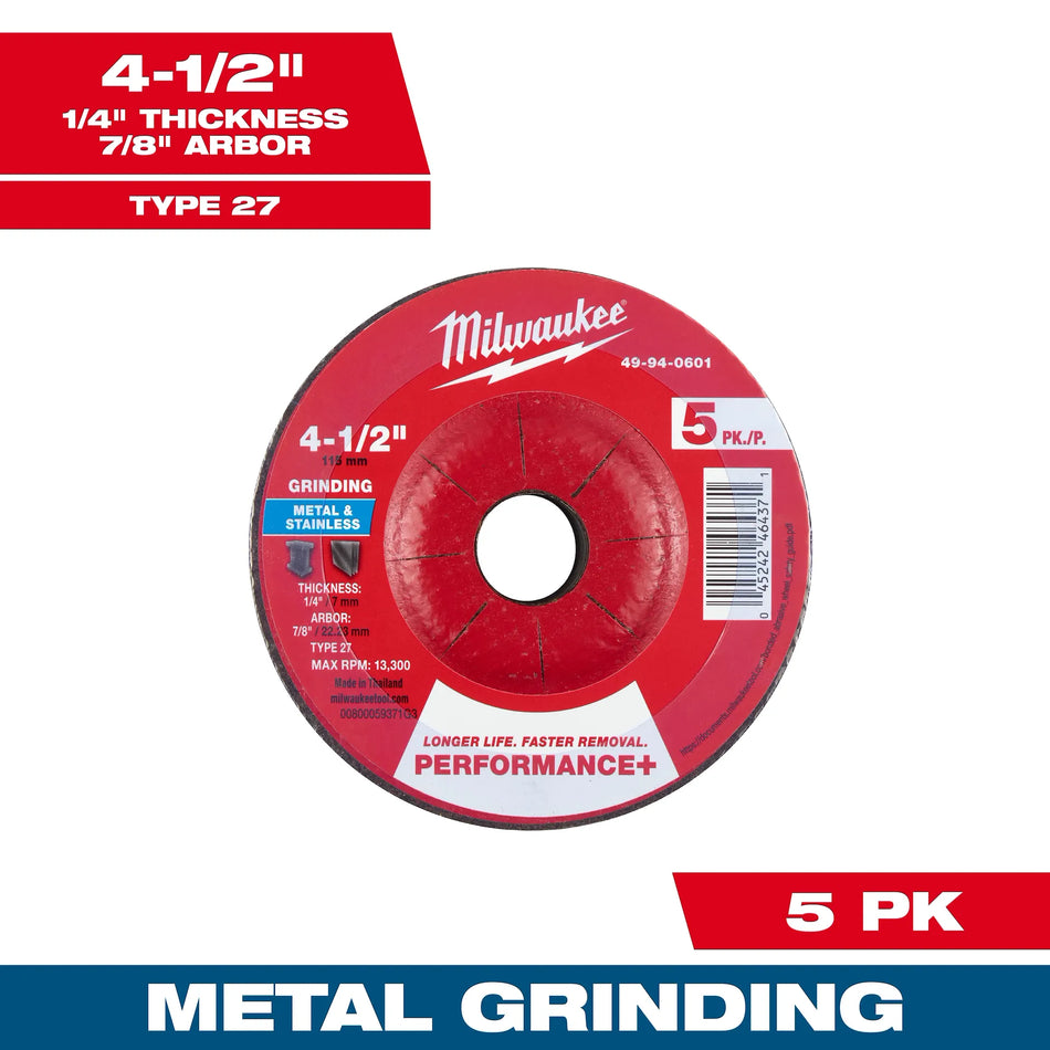 Milwaukee Tool 4-1/2" x 1/4" x 7/8" Performance+ Metal Grinding Wheel - Type 27 - 5pk 2-PK