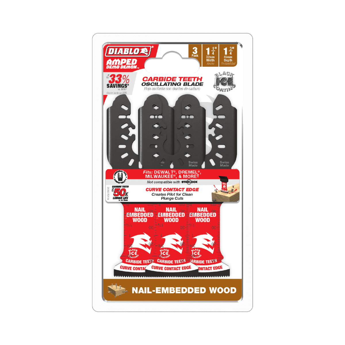 1 - 1/4" AMPED™ Demo Demon™ Carbide Teeth Oscillating Blades for Nail - Embedded Wood (3 - pk) - AAA Industrial Supply