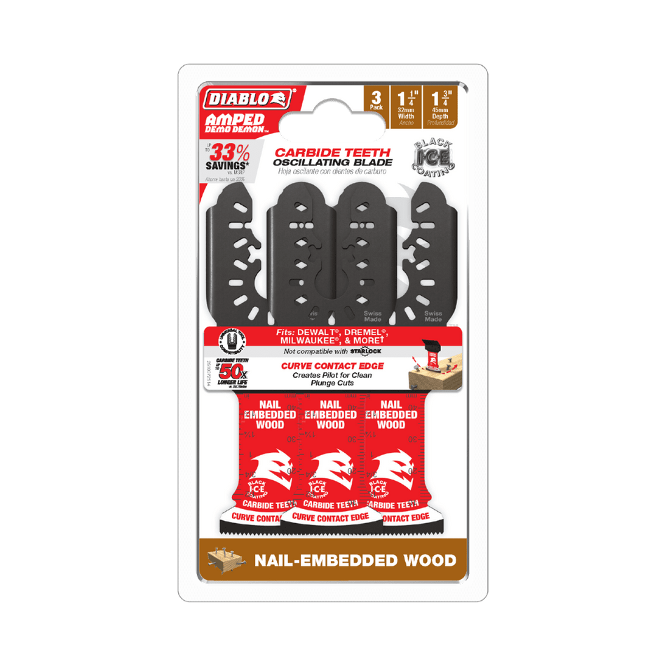 1 - 1/4" AMPED™ Demo Demon™ Carbide Teeth Oscillating Blades for Nail - Embedded Wood (3 - pk) - AAA Industrial Supply