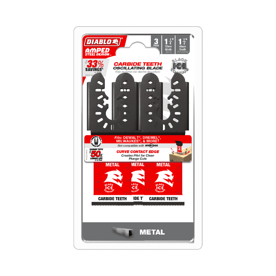 1 - 1/4" AMPED™ Steel Demon™ Universal Fit Carbide Teeth Oscillating Blades for Metal (3 - pk) - AAA Industrial Supply