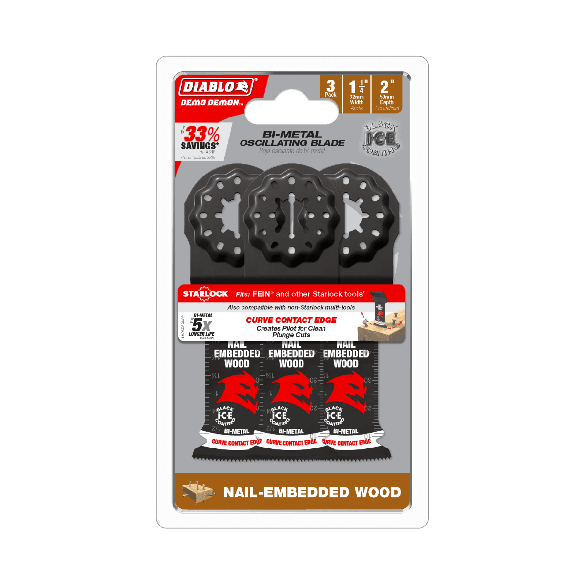 1 - 1/4" Demo Demon™ Starlock Bi - Metal Oscillating Blades for Nail - Embedded Wood (3 - pk) - AAA Industrial Supply