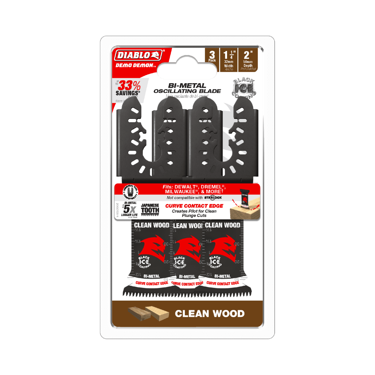 1 - 1/4" Demo Demon™ Universal Fit Bi - Metal Oscillating Blades for Clean Wood (3 - pk) - AAA Industrial Supply