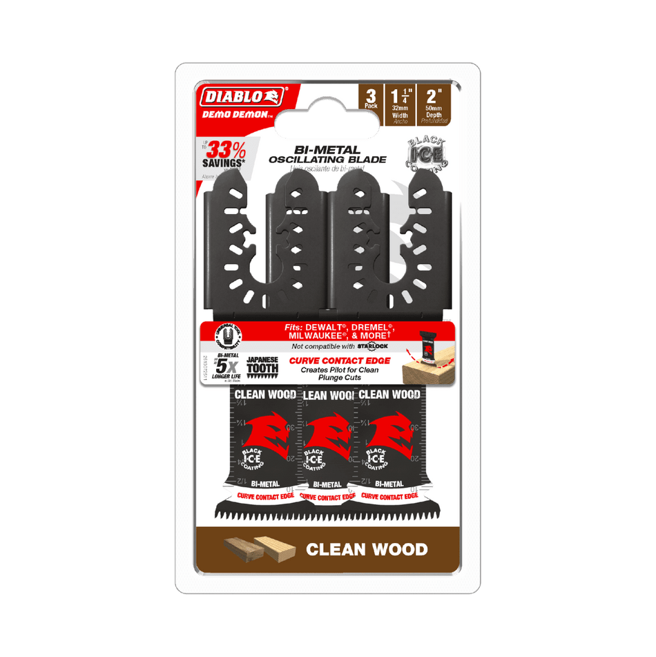 1 - 1/4" Demo Demon™ Universal Fit Bi - Metal Oscillating Blades for Clean Wood (3 - pk) - AAA Industrial Supply