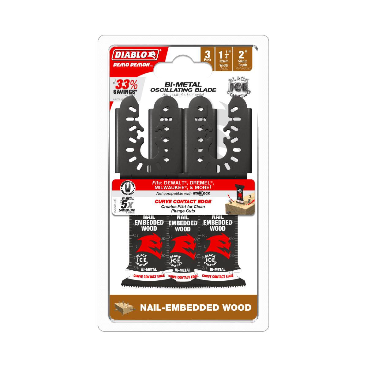 1 - 1/4" Demo Demon™ Universal Fit Bi - Metal Oscillating Blades for Nail - Embedded Wood (3 - pk) - AAA Industrial Supply