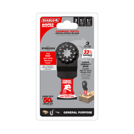 1 - 1/4"(w) x 1 - 1/2"(d) AMPED™ Demo Demon™ Starlock Carbide Teeth Oscillating Blade for General Purpose Cuts (3 - pk) - AAA Industrial Supply