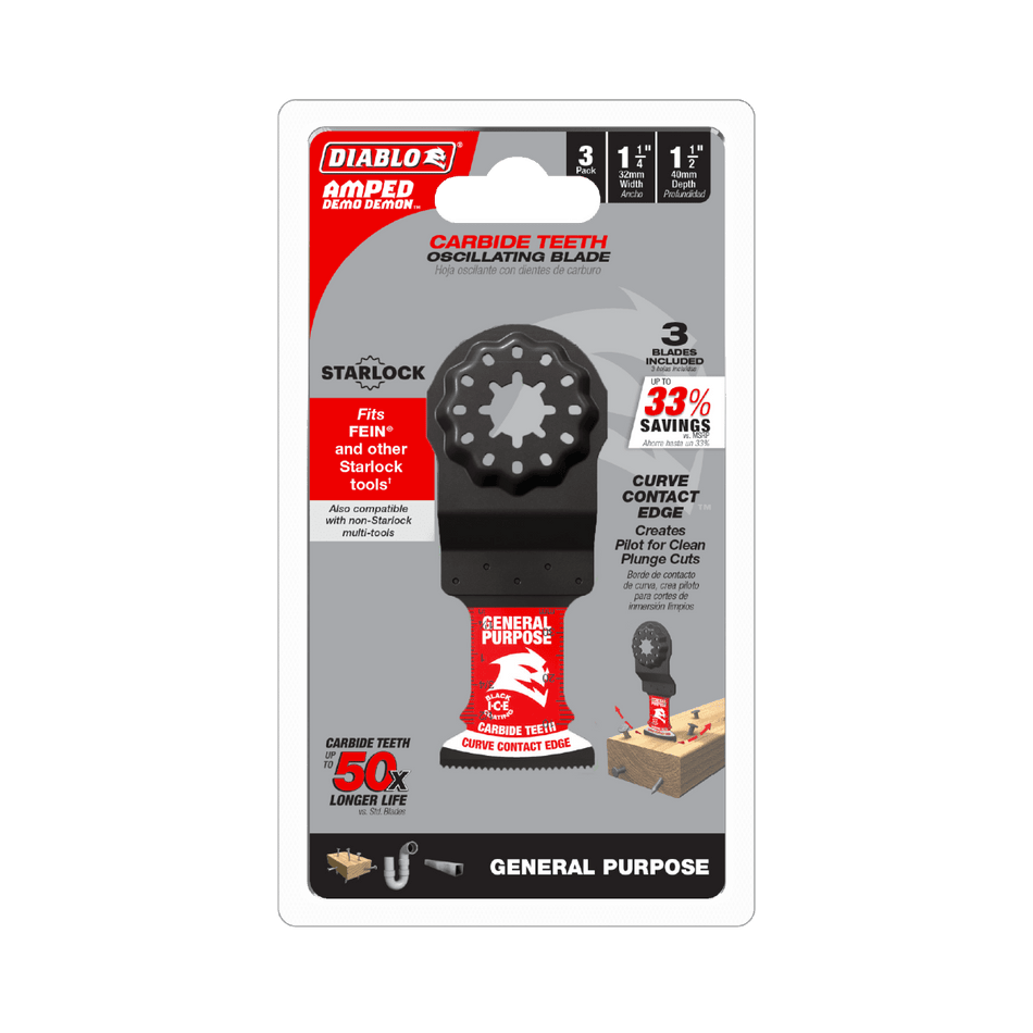 1 - 1/4"(w) x 1 - 1/2"(d) AMPED™ Demo Demon™ Starlock Carbide Teeth Oscillating Blade for General Purpose Cuts (3 - pk) - AAA Industrial Supply