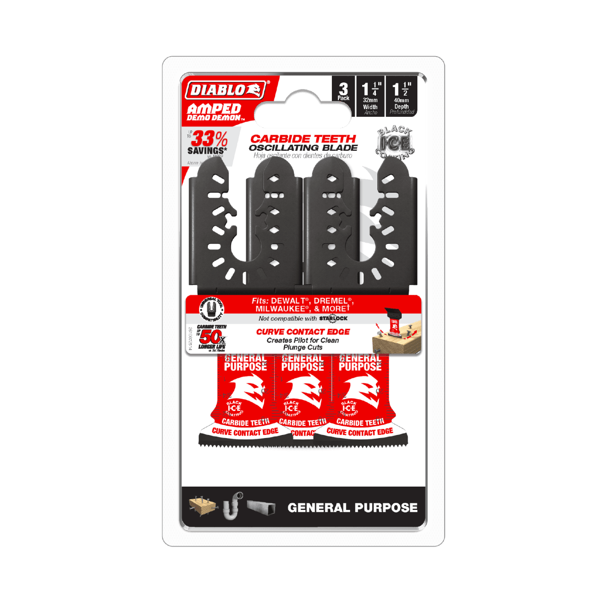 1 - 1/4"(w) x 1 - 1/2"(d) AMPED™ Demo Demon™ Universal Fit Carbide Teeth Oscillating Blade for General Purpose Cuts (3 - pk) - AAA Industrial Supply