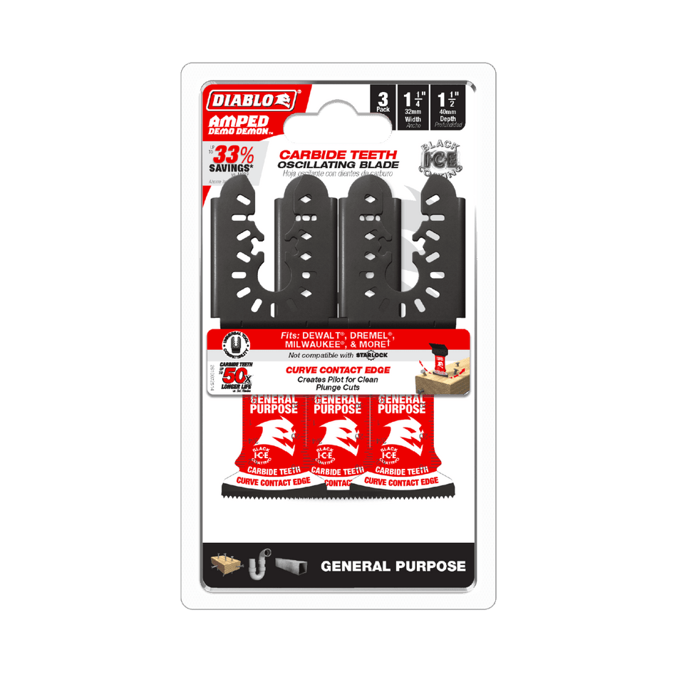 1 - 1/4"(w) x 1 - 1/2"(d) AMPED™ Demo Demon™ Universal Fit Carbide Teeth Oscillating Blade for General Purpose Cuts (3 - pk) - AAA Industrial Supply