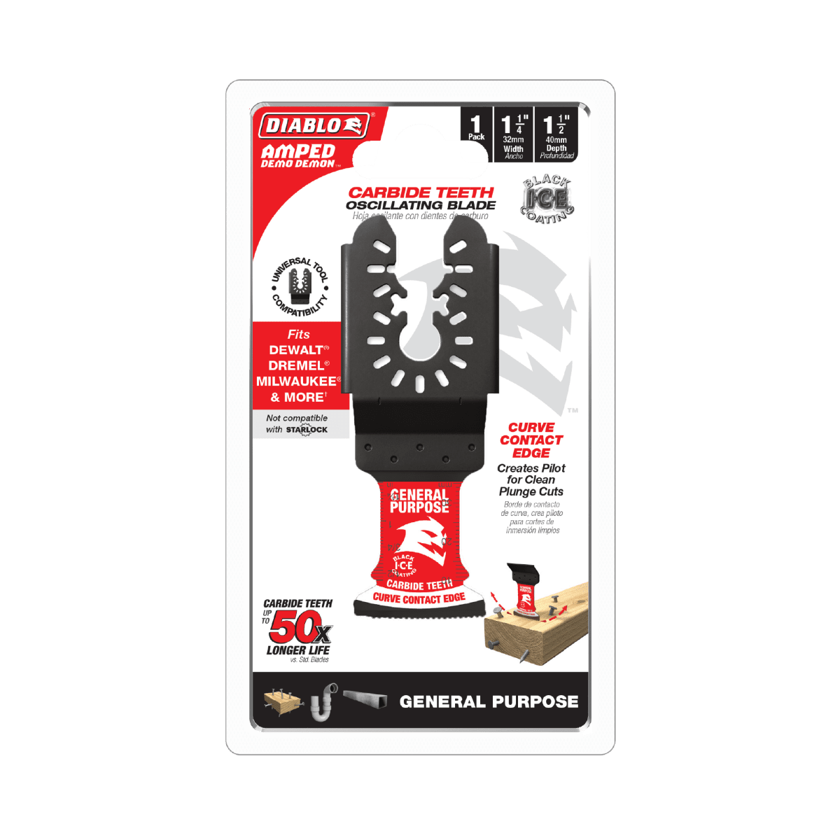 1 - 1/4"(w) x 1 - 1/2"(d) AMPED™ Demo Demon™ Universal Fit Carbide Teeth Oscillating Blade for General Purpose Cuts - AAA Industrial Supply