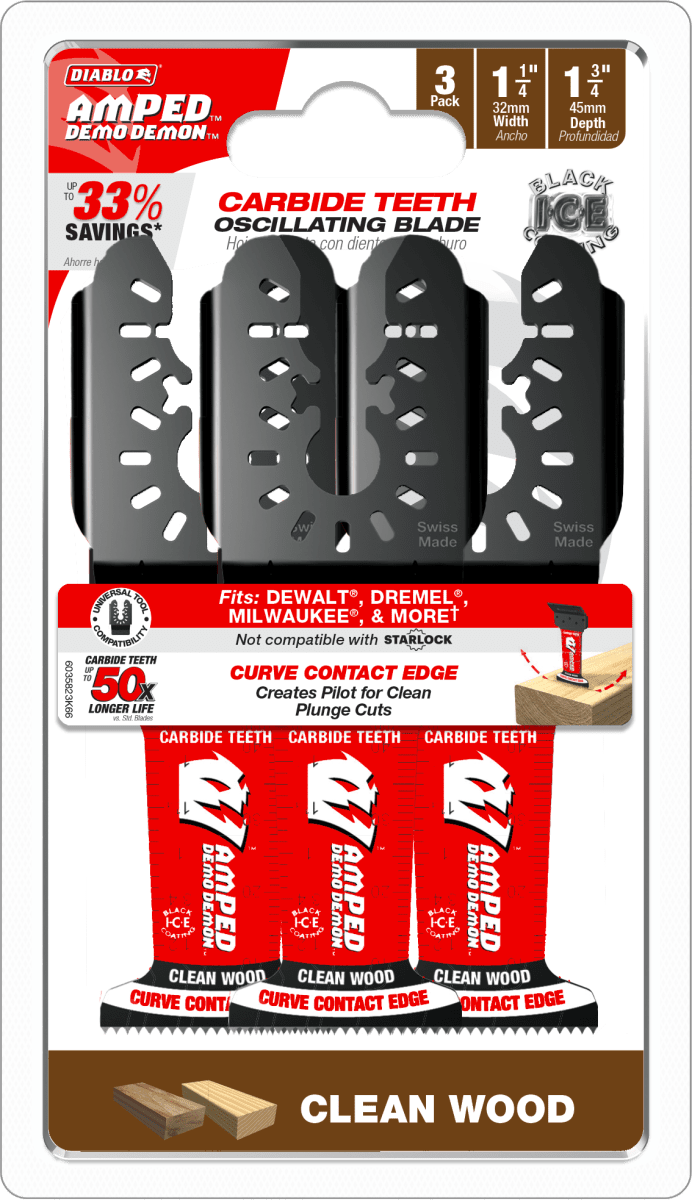 1 - 1/4”(w) x 1 - 3/4”(d) AMPED™ Demo Demon™ Universal Fit Carbide Teeth Oscillating Blade for Clean Wood (3 - pk) - AAA Industrial Supply