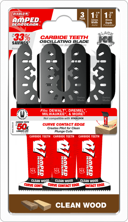 1 - 1/4”(w) x 1 - 3/4”(d) AMPED™ Demo Demon™ Universal Fit Carbide Teeth Oscillating Blade for Clean Wood (3 - pk) - AAA Industrial Supply