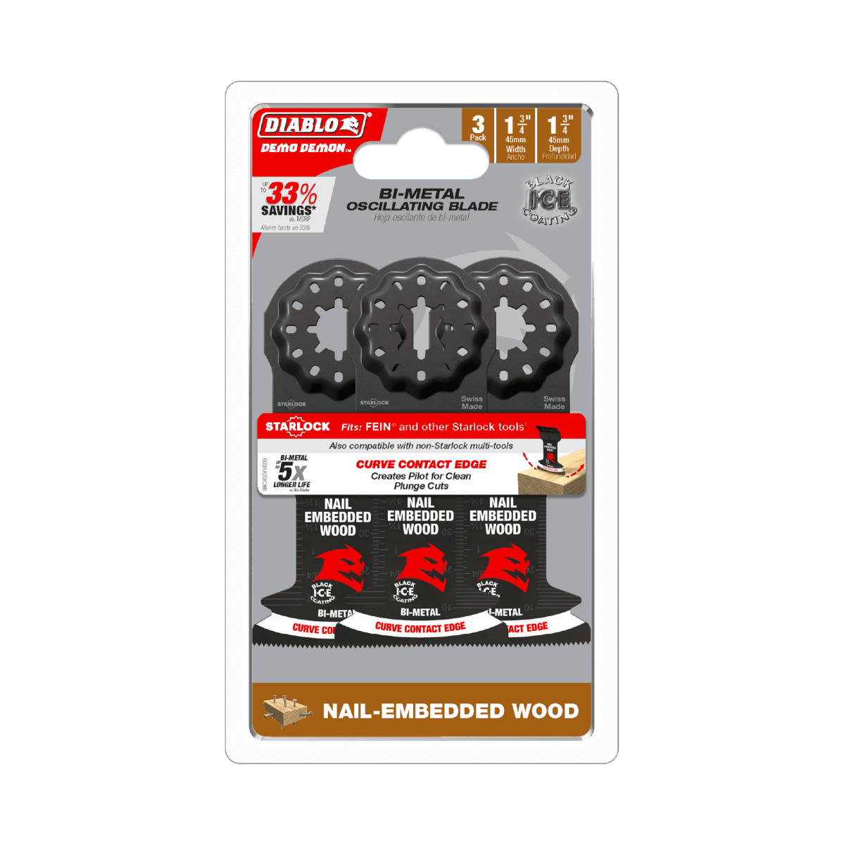 1 - 3/4" Diablo Demo Demon™ Starlock Bi - Metal Oscillating Blades for Nail - Embedded Wood (3 - pk) - AAA Industrial Supply