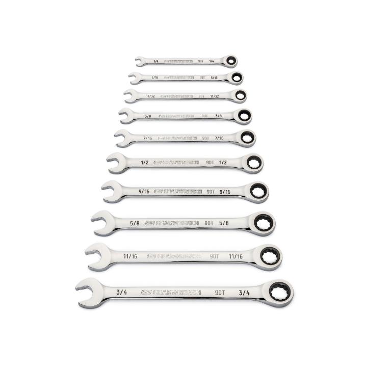 10 Piece 90 - Tooth 12 Point SAE Combination Ratcheting Wrench Set - AAA Industrial Supply