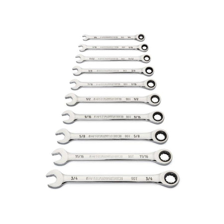 10 Piece 90 - Tooth 12 Point SAE Combination Ratcheting Wrench Set - AAA Industrial Supply