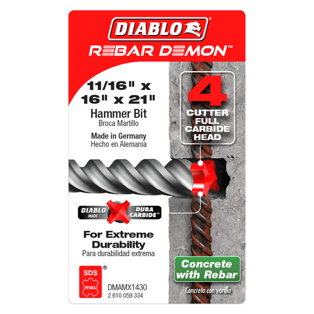 11/16" x 16" x 21" Rebar Demon™ SDS - Max 4 - Cutter Full Carbide Head Hammer Drill Bit - AAA Industrial Supply