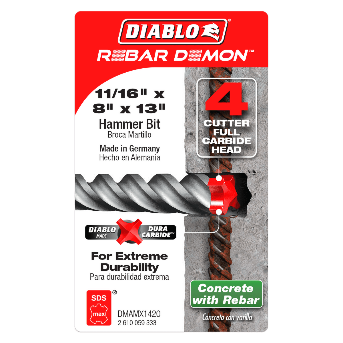11/16" x 8" x 13" Rebar Demon™ SDS - Max 4 - Cutter Full Carbide Head Hammer Drill Bit - AAA Industrial Supply