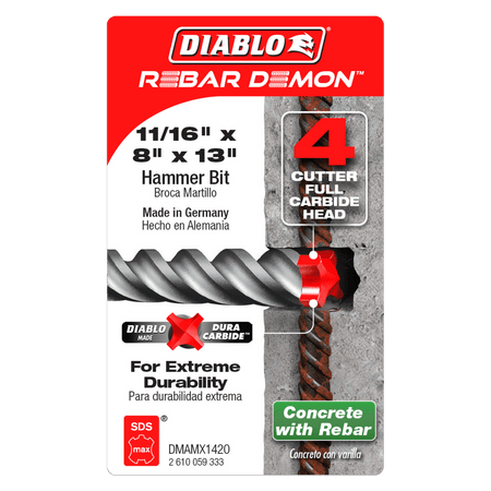 11/16" x 8" x 13" Rebar Demon™ SDS - Max 4 - Cutter Full Carbide Head Hammer Drill Bit - AAA Industrial Supply
