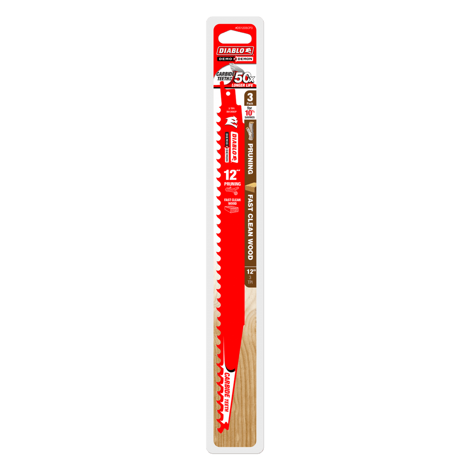 12" 3TPI Demo Demon™ Carbide Teeth Reciprocating Saw Blades for Pruning and Clean Wood (3 - pk) - AAA Industrial Supply