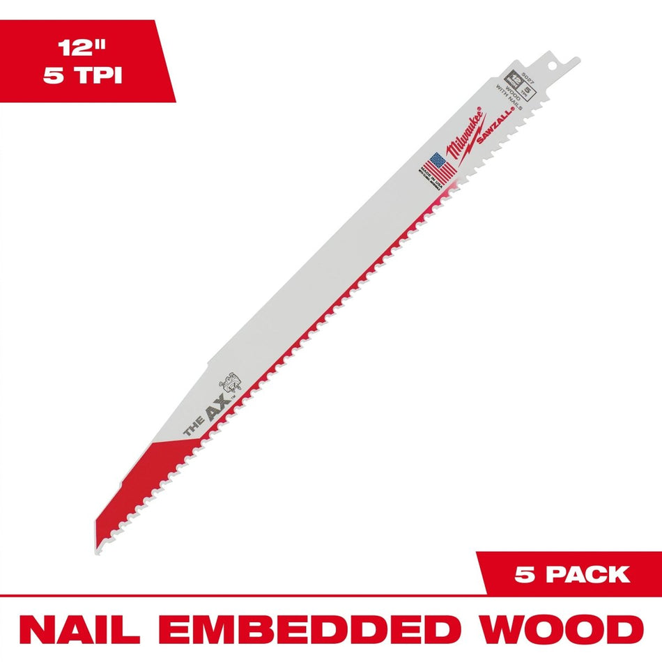 12" 5 TPI AX™ SAWZALL® Blade for Wood with Nails (5 PK) - AAA Industrial Supply