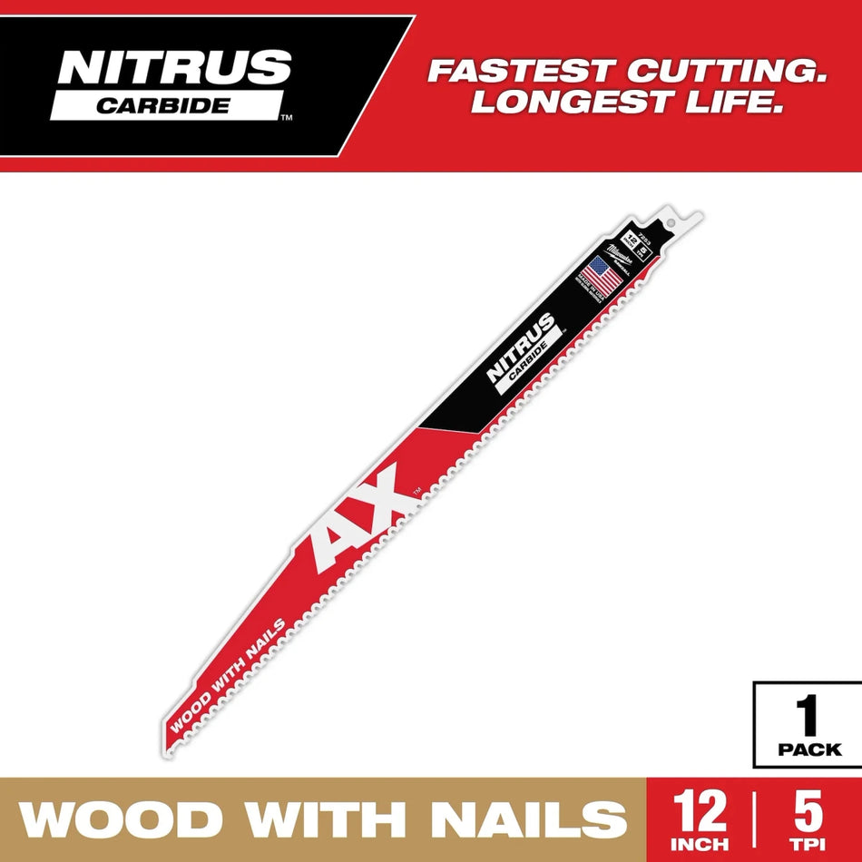 12" 5 TPI AX™ w/NITRUS™ Carbide Teeth SAWZALL® Blade for Wood with Nails - AAA Industrial Supply