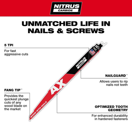 12" 5 TPI AX™ w/NITRUS™ Carbide Teeth SAWZALL® Blade for Wood with Nails - AAA Industrial Supply