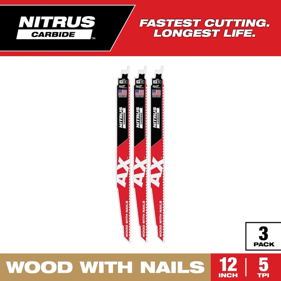 12" 5 TPI AX™ w/NITRUS™ Carbide Teeth SAWZALL® Blade for Wood with Nails 3PK - AAA Industrial Supply