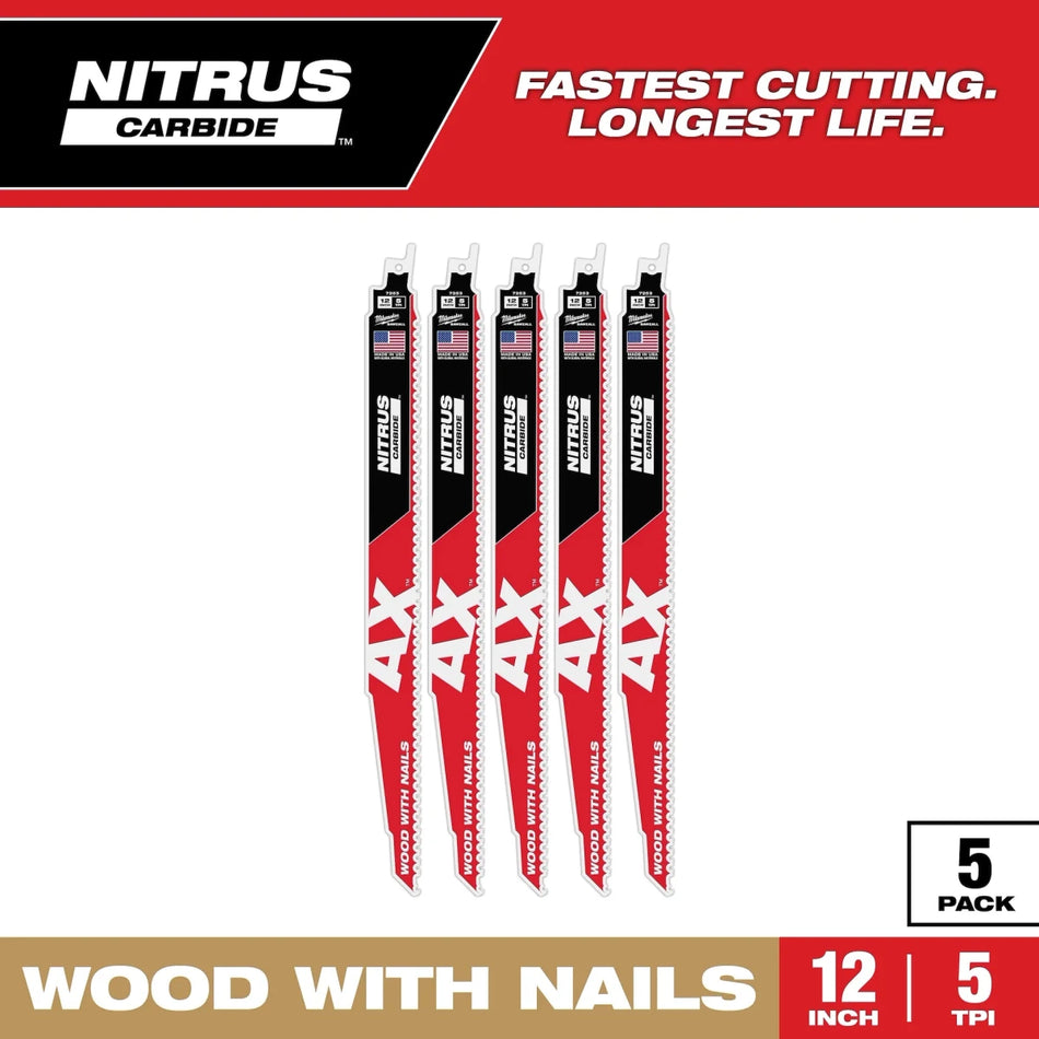 12" 5 TPI AX™ w/NITRUS™ Carbide Teeth SAWZALL® Blade for Wood with Nails 5PK - AAA Industrial Supply