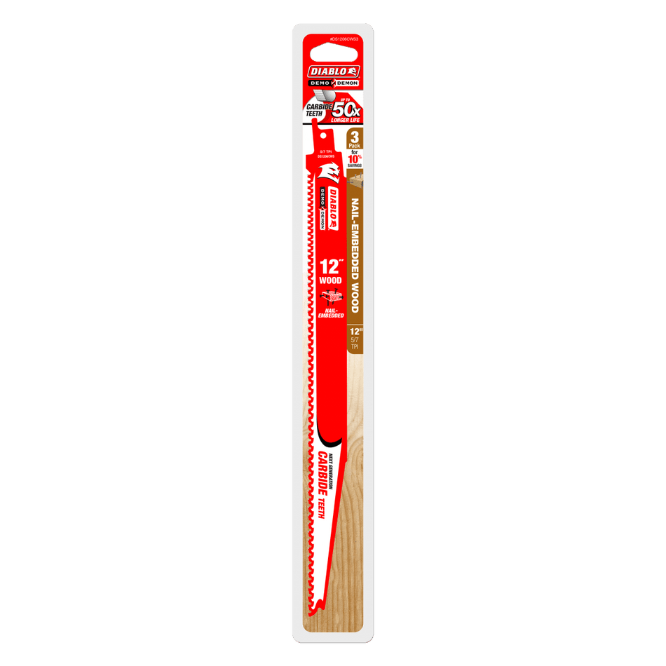 12" 5/7TPI Demo Demon™ Carbide Teeth Reciprocating Saw Blades for Nail - Embedded Wood (3 - pk) - AAA Industrial Supply