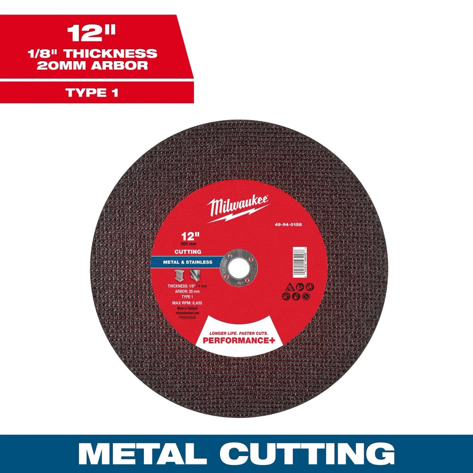 12" x 1/8" x 20mm Performance+ Metal Cut Off Wheel - Type 1 - AAA Industrial Supply