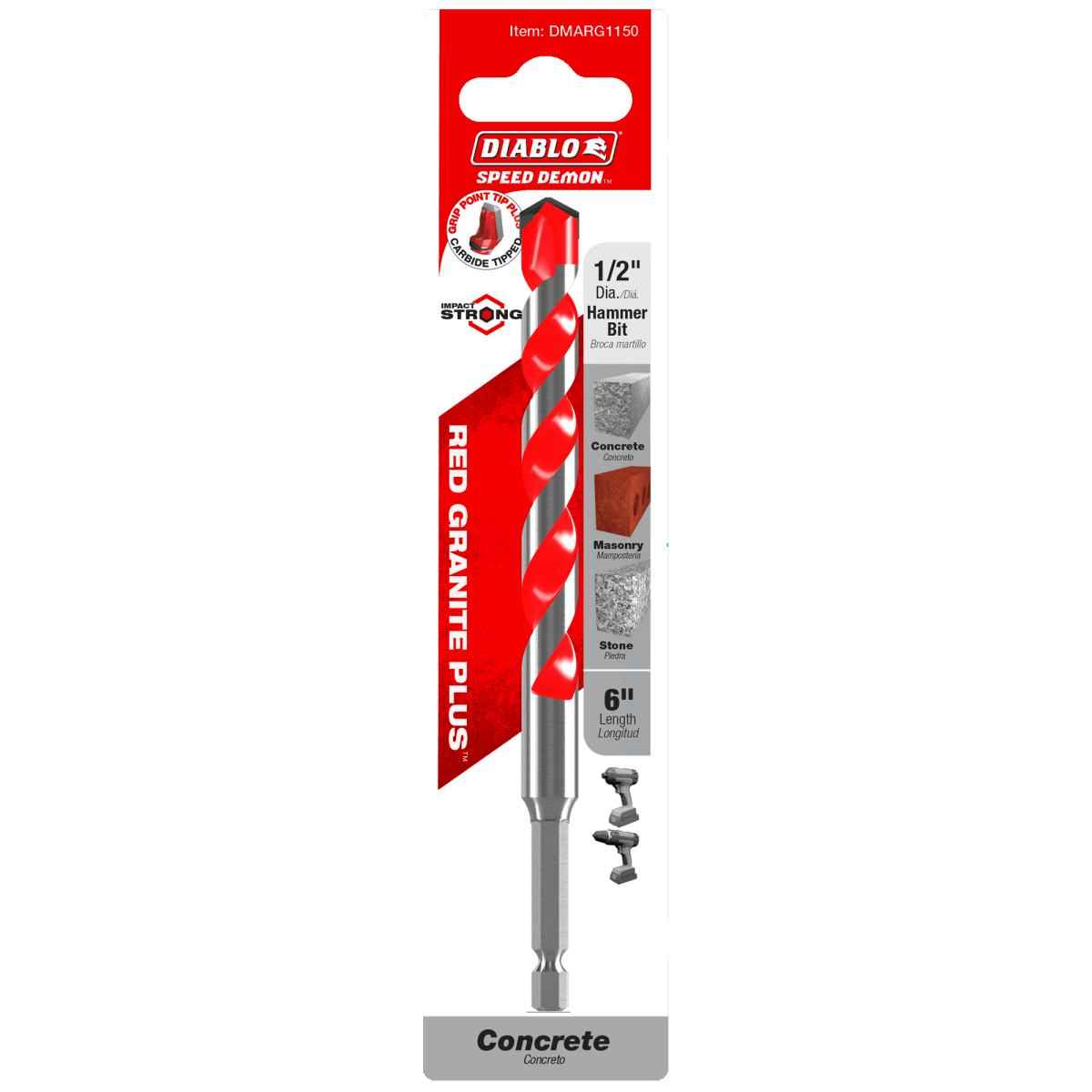 1/2" x 4" x 6" SPEEDemon™ Red Granite PLUS™ Carbide - Tipped Hammer Drill Bit - AAA Industrial Supply