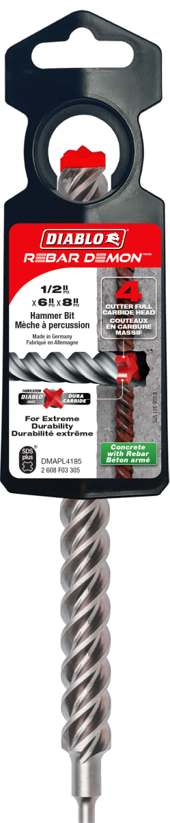 1/2" x 6" x 8" Rebar Demon™ SDS - Plus 4 - Cutter Full Carbide Head Hammer Drill Bit - AAA Industrial Supply