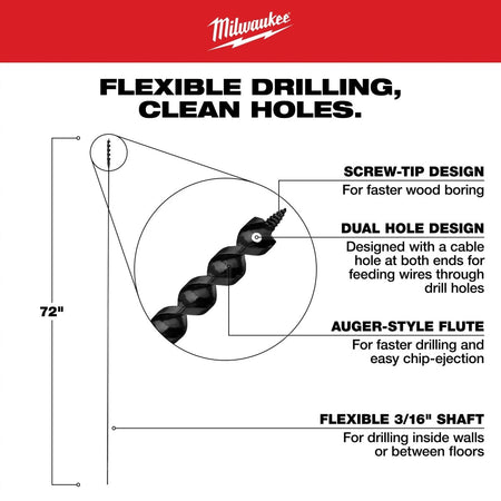 1/2” x 72" Flexible Cable Auger Bit - AAA Industrial Supply