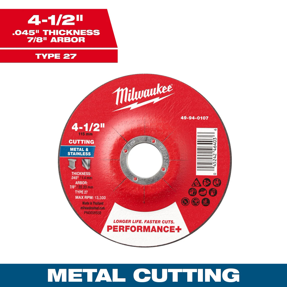 Milwaukee Tool 4-1/2" x .045" x 7/8" Performance+ Metal Cut Off Wheel - Type 27 25-PK