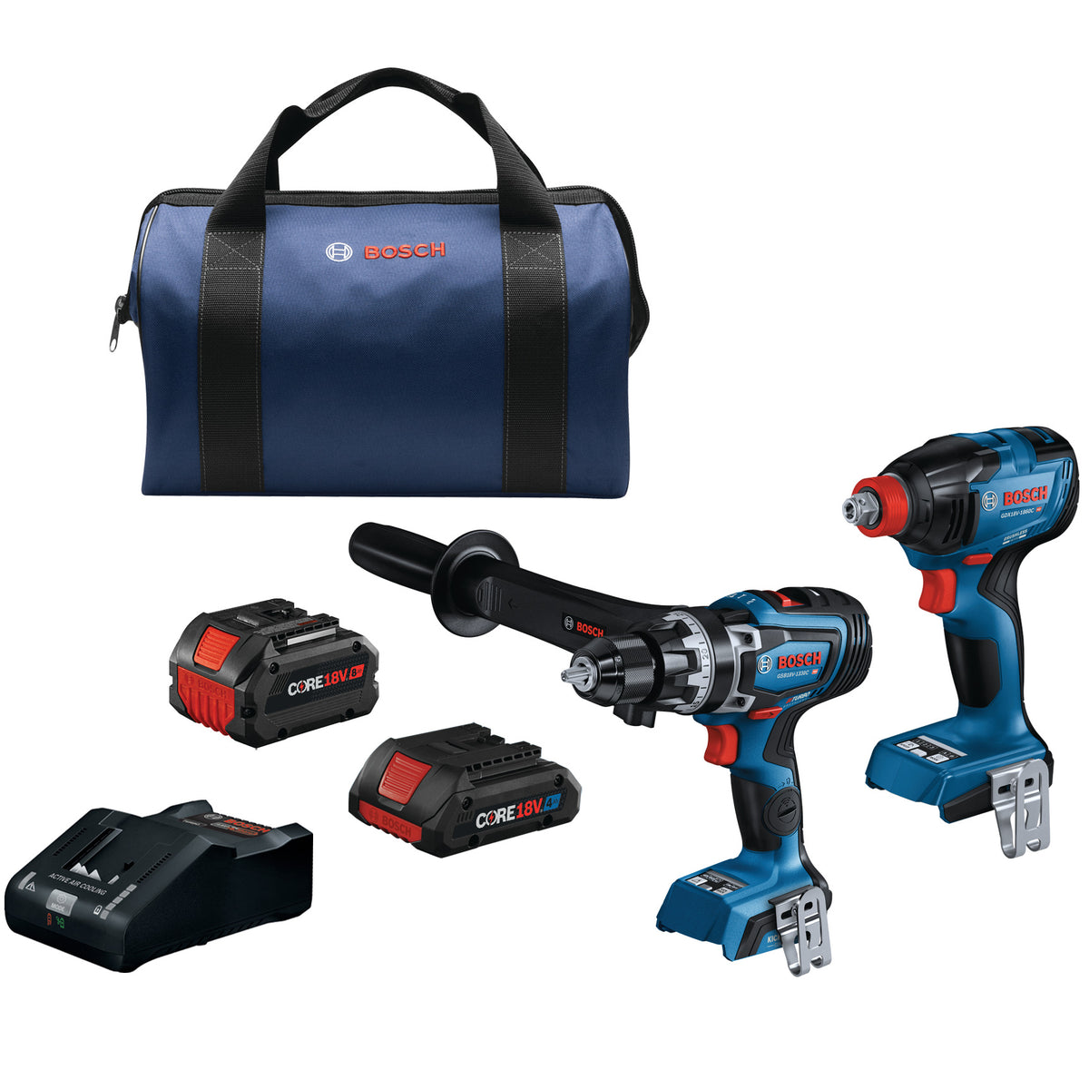 Bosch 18V 2-Tool Combo Kit with Connected-Ready 1/2 In. Hammer Drill/Driver, Connected-Ready Two-In-One 1/4 In. and 1/2 In.  Bit/Socket Impact Driver/Wrench, (1) CORE18V 8 Ah High Power Battery and (1) CORE18V 4 Ah Advanced Power Battery