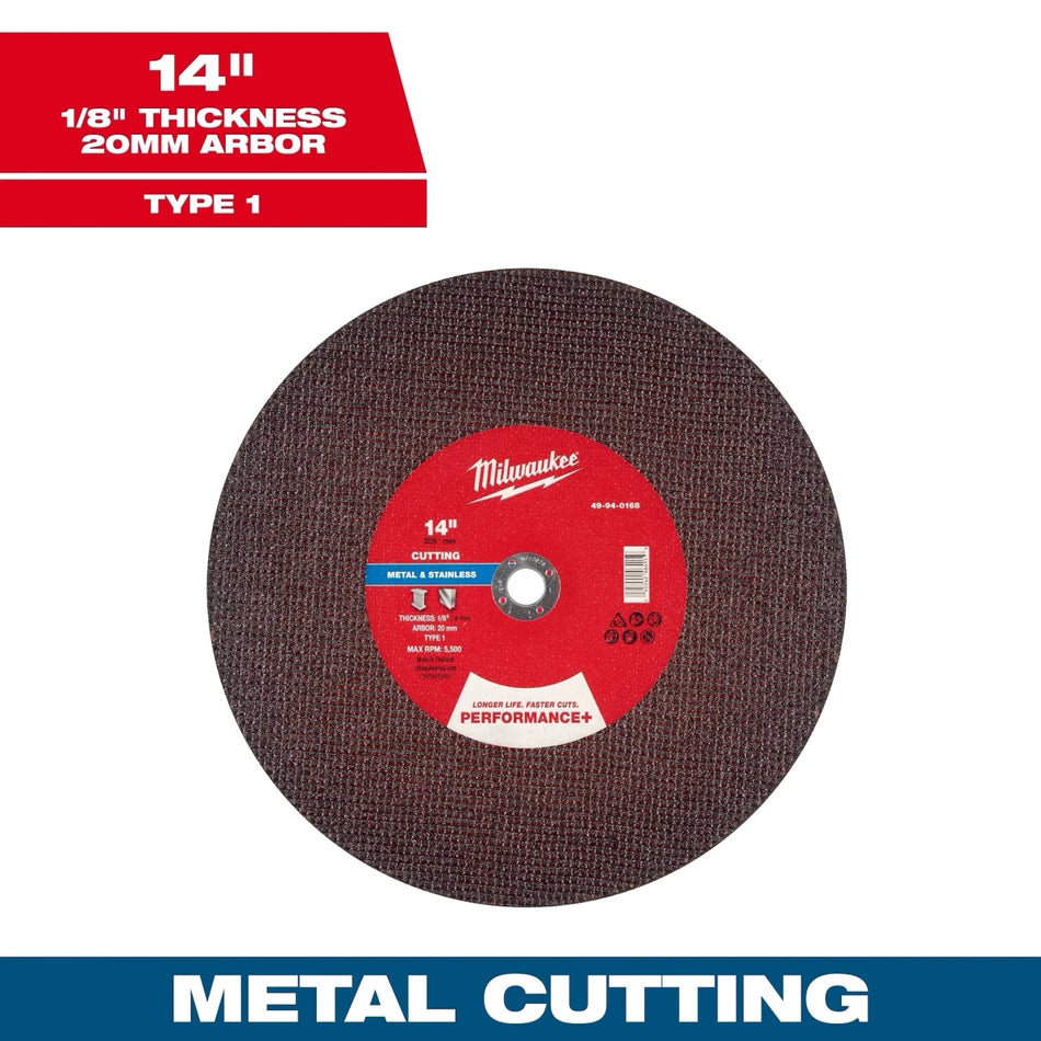 14" x 1/8" x 20mm Performance+ Metal Cut Off Wheel - Type 1 - AAA Industrial Supply