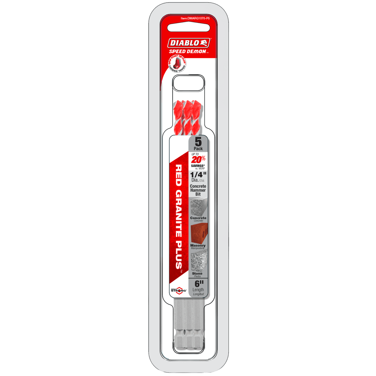 1/4" x 4" x 6" SPEEDemon™ Red Granite PLUS™ Carbide - Tipped Hammer Drill Bit (5 - pk) - AAA Industrial Supply