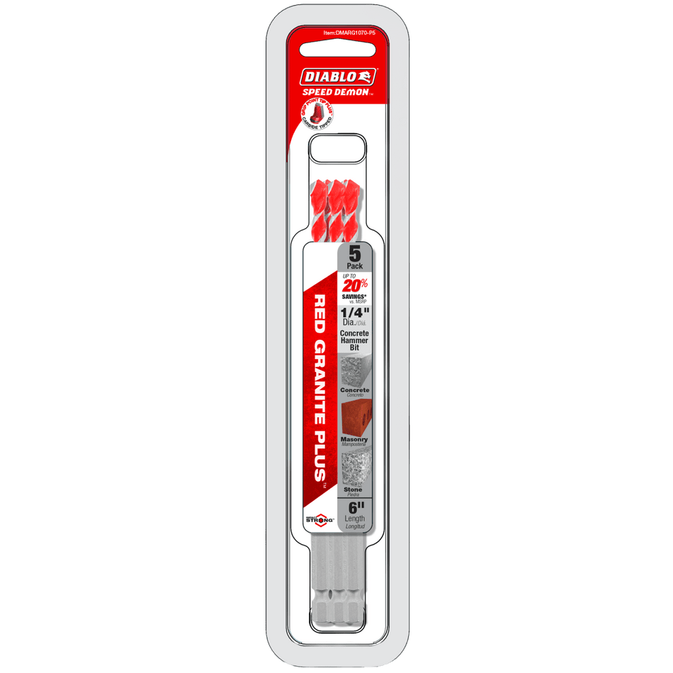 1/4" x 4" x 6" SPEEDemon™ Red Granite PLUS™ Carbide - Tipped Hammer Drill Bit (5 - pk) - AAA Industrial Supply