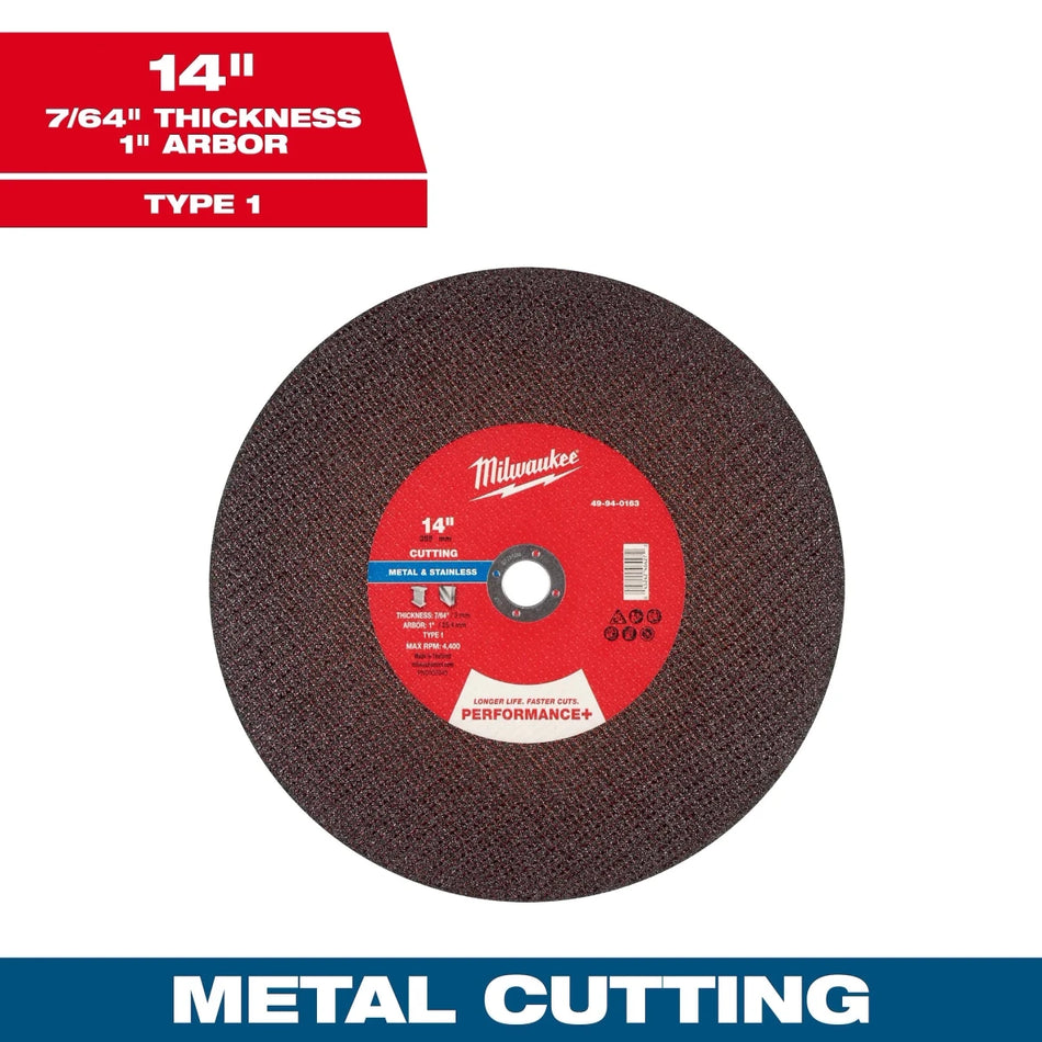 14" x 7/64" x 1" Performance+ Metal Cut Off Wheel - Type 1 - AAA Industrial Supply