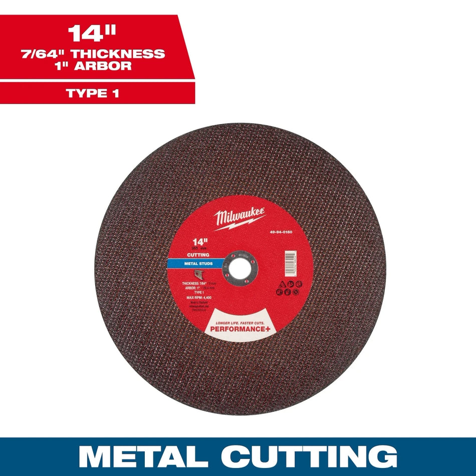 14" x 7/64" x 1" Performance+ Metal Cut Off Wheel - Type 1 - Stud Cutter - AAA Industrial Supply