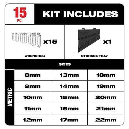 15pc Metric Flex Head Ratcheting Combination Wrench - AAA Industrial Supply