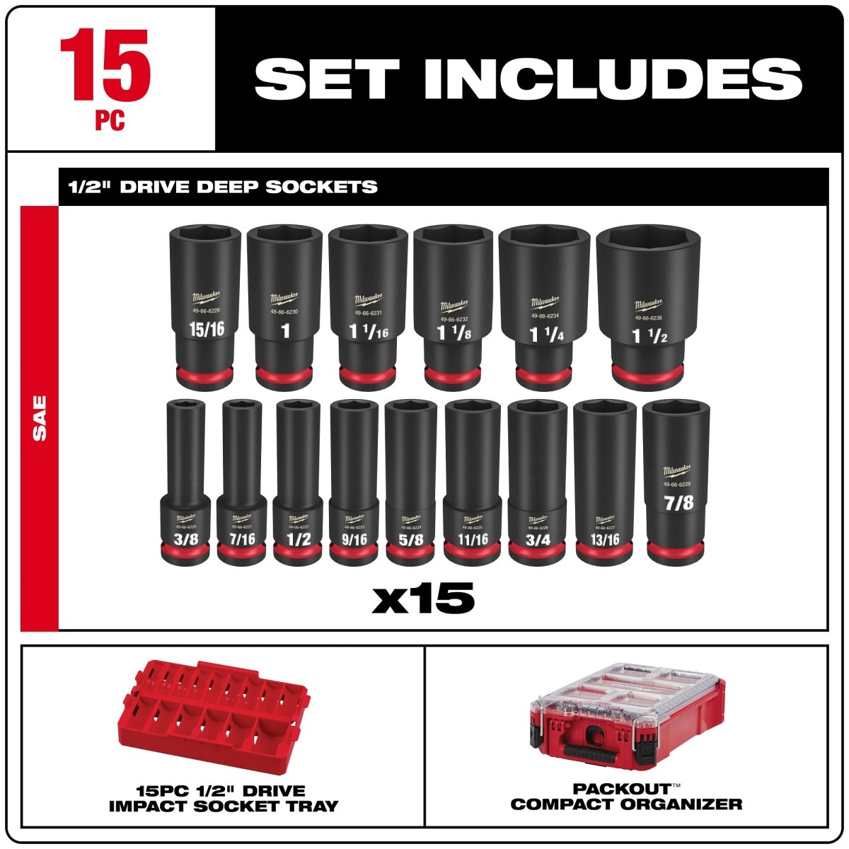 15PC SHOCKWAVE™ Impact Duty Socket 1/2” Drive SAE Set with PACKOUT™ - AAA Industrial Supply