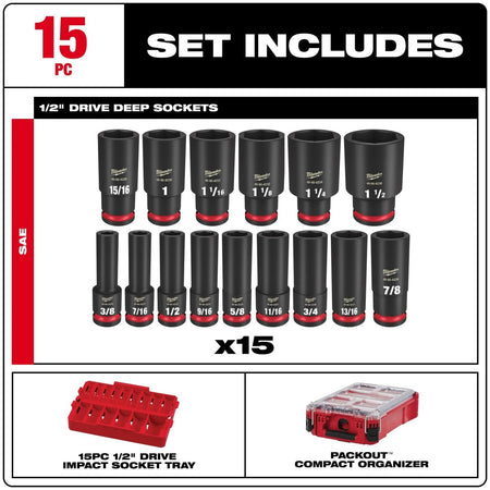 15PC SHOCKWAVE™ Impact Duty Socket 1/2” Drive SAE Set with PACKOUT™ - AAA Industrial Supply