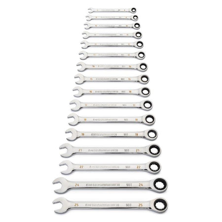 16 Piece 90 - Tooth 12 Point Metric Combination Ratcheting Wrench Set - AAA Industrial Supply