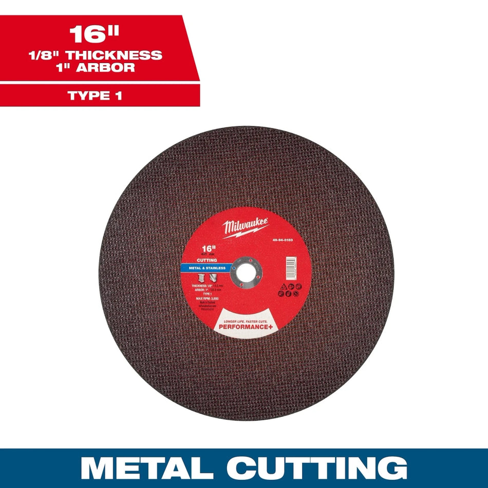 16" x 1/8" x 1" Performance+ Metal Cut Off Wheel - Type 1 - AAA Industrial Supply
