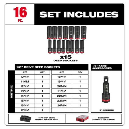 16PC SHOCKWAVE™ Impact Duty Socket 1/2” Drive 16PC MM Set with PACKOUT™ - AAA Industrial Supply