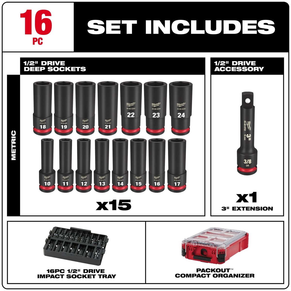 16PC SHOCKWAVE™ Impact Duty Socket 1/2” Drive 16PC MM Set with PACKOUT™ - AAA Industrial Supply