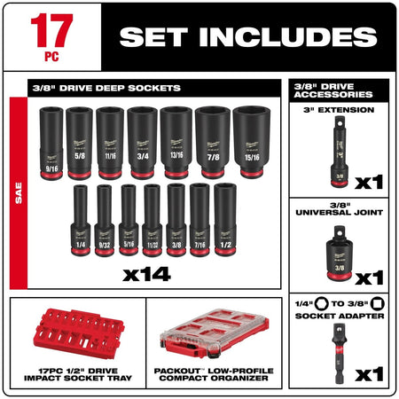 17PC SHOCKWAVE™ Impact Duty Socket 3/8” Drive SAE Set with PACKOUT™ - AAA Industrial Supply