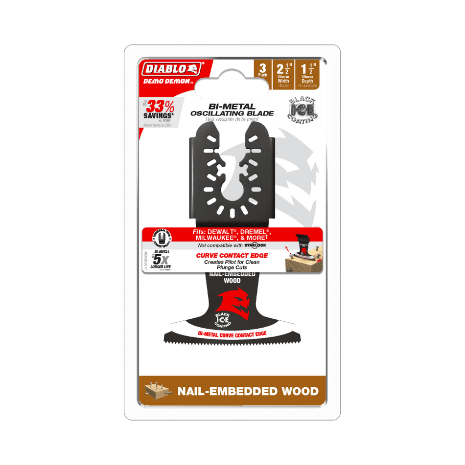 2 - 1/2" Demo Demon™ Universal Fit Bi - Metal Oscillating Blades for Nail - Embedded Wood (3 - pk) - AAA Industrial Supply