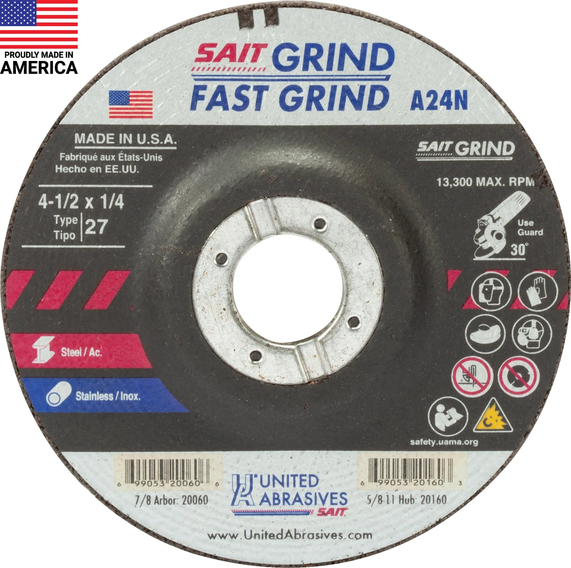 United Abrasives-SAIT 20060 A24N Fast Grinding Wheel  4 1/2" x 1/4" x 7/8"  (Type 27/Depressed Center), 25-Pack