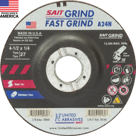 United Abrasives-SAIT 20060 A24N Fast Grinding Wheel  4 1/2" x 1/4" x 7/8"  (Type 27/Depressed Center), 25-Pack